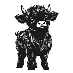 Fototapeta premium Monochrome illustration of an adorable baby cow with fluffy fur, perfect for rural or farm-themed projects, children's books, or cute animal designs,