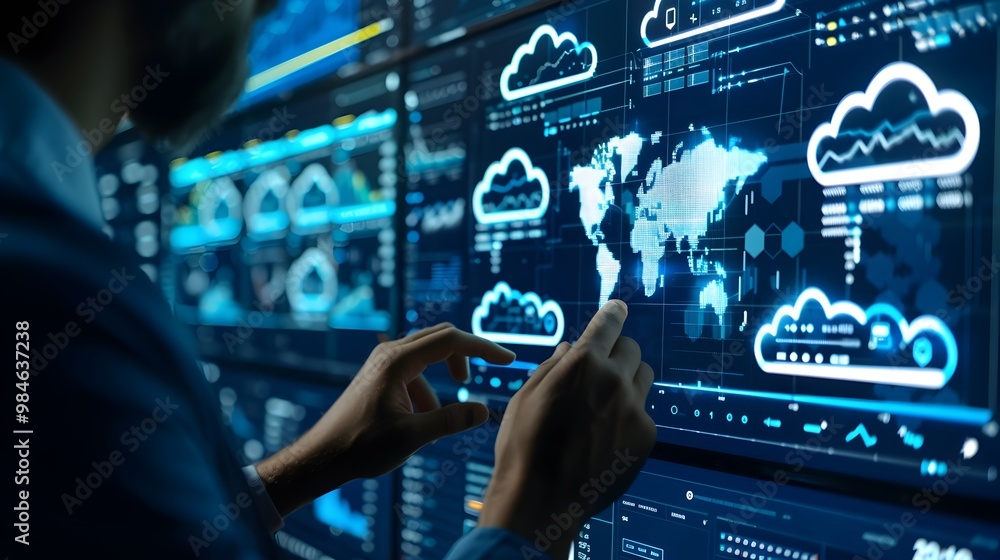 Poster financial analyst reviewing cloud based financial data dashboard with real time updates