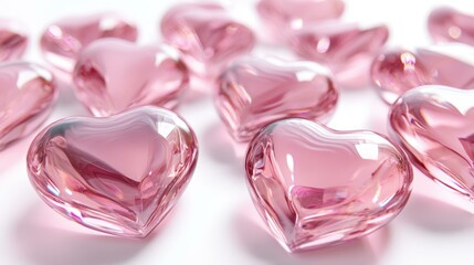 Pink glass heart ornaments scattered on a white surface, perfect for expressing love and romance in designs for Valentine's Day, weddings, and anniversaries,