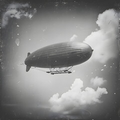 Fototapeta premium An intricate black and white depiction of majestic airship sailing above calm waters under cloudy sky 
