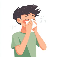 This illustration depicts a person with a red and irritated nose, using a tissue to wipe away their runny nose. The minimal design emphasizes their discomfort