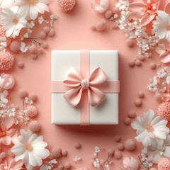 A neatly wrapped gift box with a pink ribbon is surrounded by delicate white and pink flowers, ideal for birthday, anniversary, wedding, or romantic-themed designs,