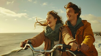 Joyful Couple Sharing Tandem Bicycle Ride on Coastal Landscape Adventure