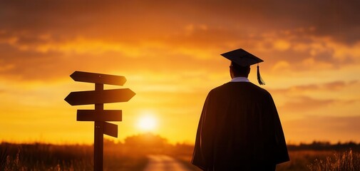 A graduate in cap and gown standing at the crossroads