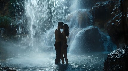 Fototapeta premium Passionate Embrace Under Cascading Waterfall Symbolizes Intense Love Affair