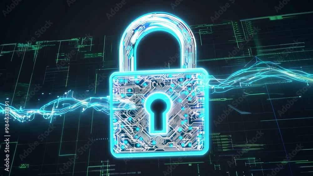 Poster A futuristic padlock made of circuit board elements shines against a dark backdrop, highlighting the importance of data security and digital protection in modern technology.