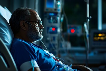 Obraz premium a man lying in a hospital bed, looking pensive, connected to medical equipment, suggesting a serious health situation.