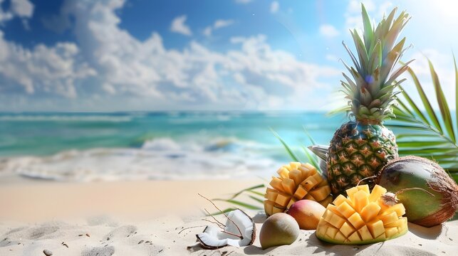 Tropical Fruit Bounty on Sandy Ocean Beach Scenic