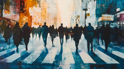 Obraz premium A painting depicting a group of individuals strolling on a city street. Busy Crosswalk. Illustration