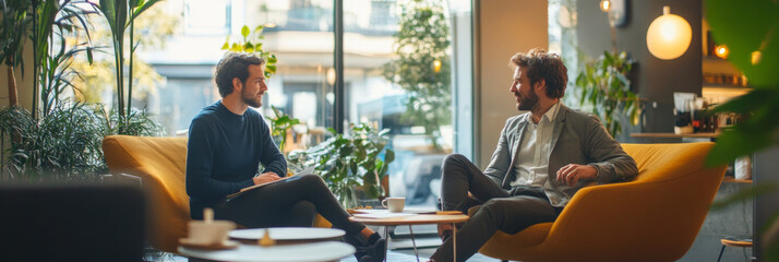 Two men engaged in friendly conversation in modern cafe, surrounded by greenery and natural light. atmosphere is relaxed and inviting, perfect for discussions