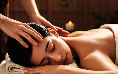 Fototapeta premium A young woman is getting a relaxation massage at a beauty spa; health and relaxation spa; a person on the massage bed receiving a relaxation treatment; relaxation photography; massage and therapy; 