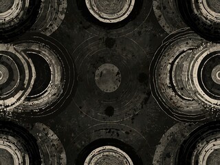 Vintage black and white concentric circles pattern with a grungy background.