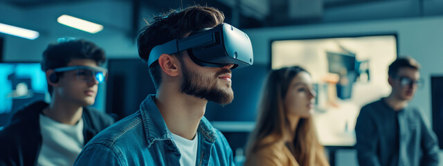Immersed in virtual reality, man wears VR headset while others observe in tech savvy environment. scene captures excitement of modern technology and innovation