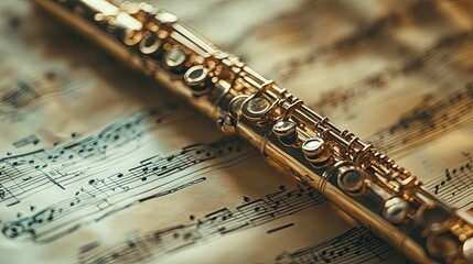 A Golden Flute Resting on Sheet Music
