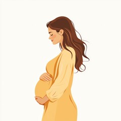 This artwork features a pregnant woman with a soft smile, standing gracefully with her hand on her belly. The minimal design adds to the calming atmosphere of the illustration