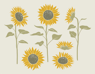 Yellow sunflower linocut illustration set. Hand drawn graphic. Cute color drawing of fall element and autumn flower.