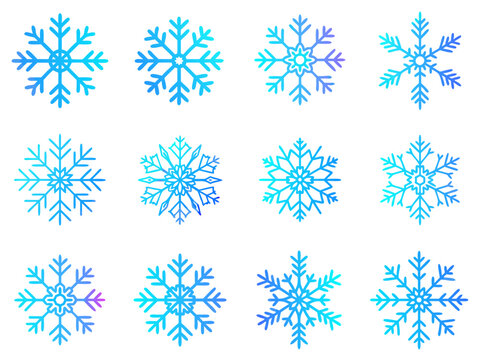 Collection of intricate blue snowflake designs in various shapes and sizes on a white background