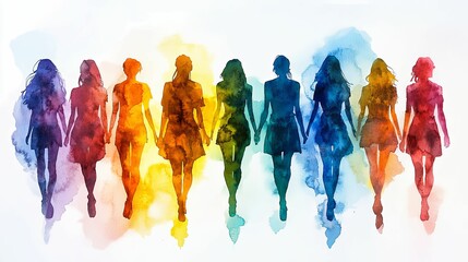 Watercolor Silhouette of Ten Women Walking Hand-in-Hand