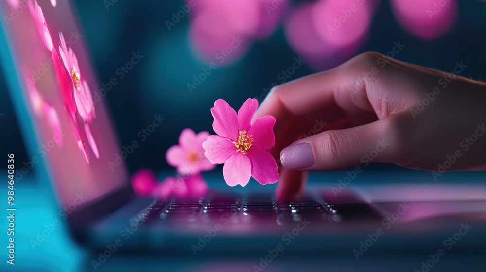 Poster a close up shot of a hand creating a visually appealing ad on a laptop, utilizing design tools to cr