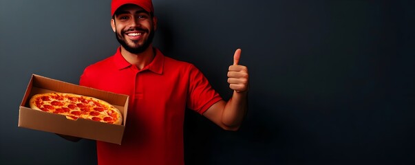 A cheerful delivery person in a red uniform holds a pizza box and gives a thumbs up against a dark background.