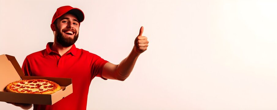 A smiling delivery person in a red outfit gives a thumbs up while holding a pizza box, showcasing a positive and friendly vibe.