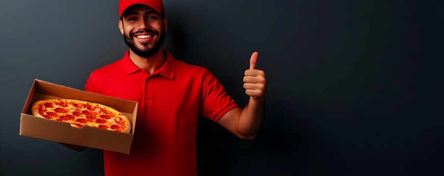 A cheerful delivery person in a red uniform holds a pizza box and gives a thumbs up against a dark background.