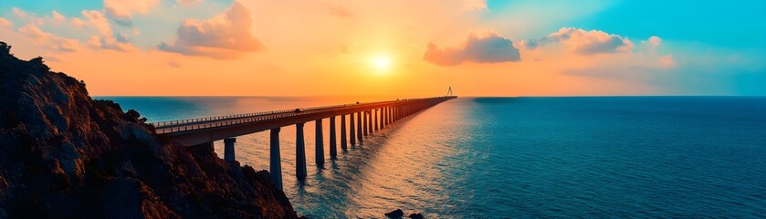 Fototapeta premium A stunning sunset illuminates a long pier extending into the ocean, with vibrant colors reflecting in the water beneath a sky dotted with clouds.