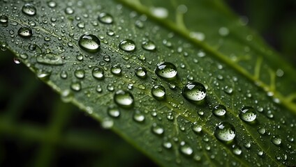 Water droplets on a green leaf surface.