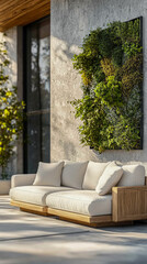 Obraz premium Cozy modern living room featuring a stylish sofa and a vertical garden display in bright natural light