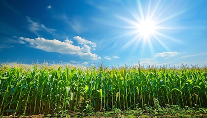Obraz premium Green corn field and blue sky with white clouds. Nature background