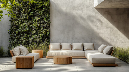 Modern outdoor seating area with comfortable cushions surrounded by greenery in a minimalist urban setting