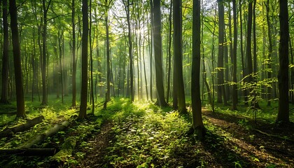 Fototapeta premium Green leaves in the forest with sunlight in the morning