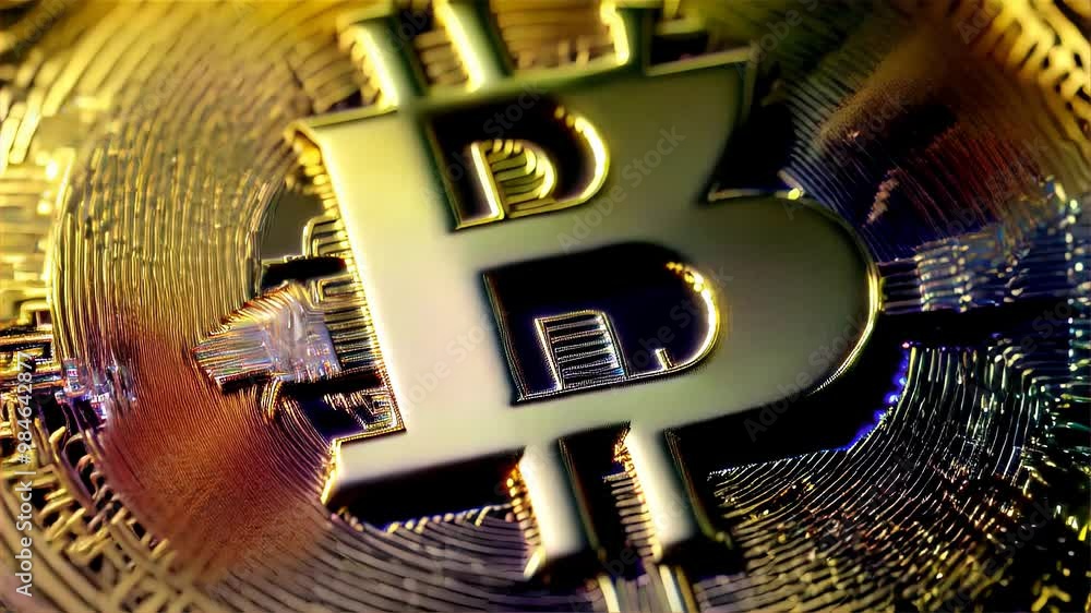 Poster a close-up shot of a golden bitcoin with a glowing symbol, highlighting the intricate details of the