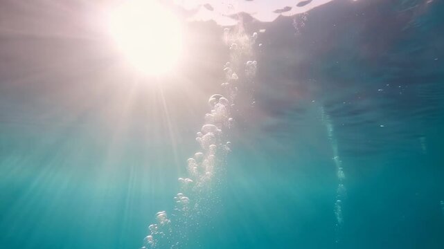 bubbles floating in transparent turquoise clear pool. Multitude of air bubbles rising through clear water