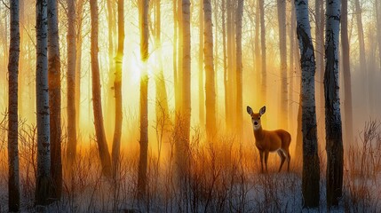 A serene forest scene featuring a deer standing amidst trees at sunrise, bathed in warm golden light and gentle fog.
