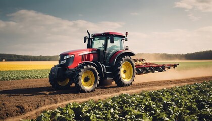 Fototapeta premium Red tractor plows field in rural landscape, farming equipment working for harvest