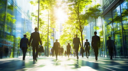 The concept of sustainability in business centers, crowds of business people walking at a corporate office in a green city downtown, abstract motion blur image with blurred background, generative AI