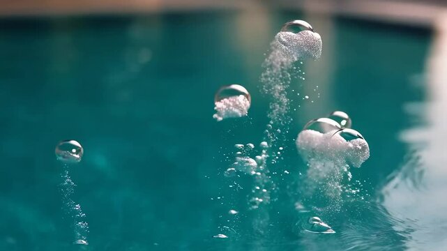 floating surreal bubbles coming out of the crystal clear pool, creating a surrealistic and ethereal atmosphere