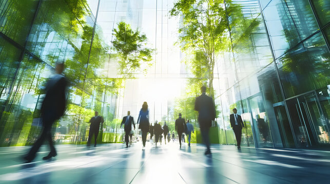 The concept of sustainability in business centers, crowds of business people walking at a corporate office in a green city downtown, abstract motion blur image with blurred background, generative AI