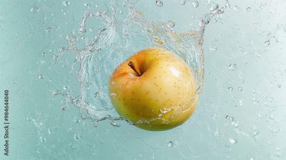 Sticker A fresh apple splashes into water, creating dynamic ripples and droplets.