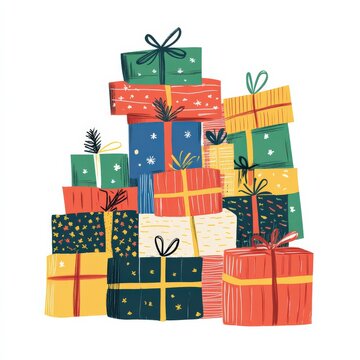 This charming vector features a neat pile of colorful Christmas presents wrapped in festive paper and ribbons. Ideal for conveying holiday spirit and joy