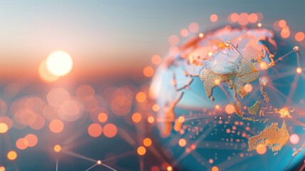 A supply chain logistics network map overlaid on a globe, demonstrating the global reach and interconnectedness of sustainable sourcing practices.