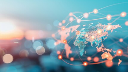 A global map overlayed with network lines connecting eco-friendly factories and sustainable transportation routes, illustrating a connected and sustainable supply chain network.