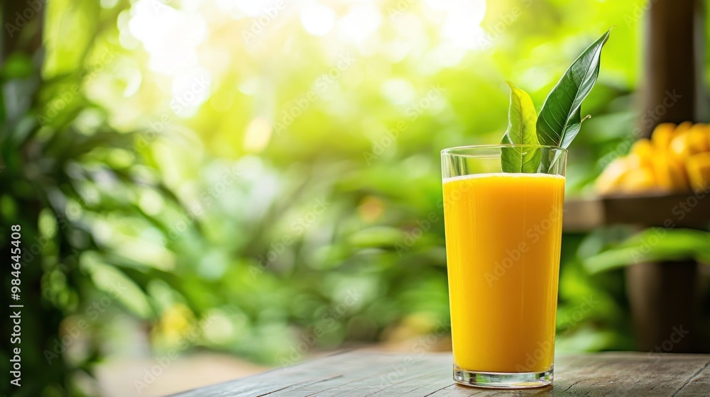 Wall mural A refreshing glass of orange juice garnished with a leaf, set against a lush green backdrop.