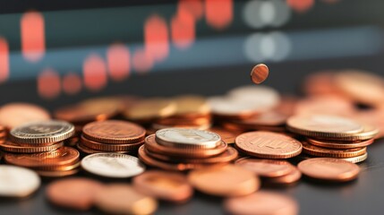 A collection of coins scattered on a surface, with a blurred financial graph in the background showing currency trends and fluctuations.