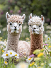 Fototapeta premium Adorable alpaca standing in a vibrant meadow filled with wildflowers, gazing into the camera with a peaceful and curious expression in a lush countryside setting