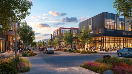Vibrant Urban Street with Shops, Restaurants, and Pedestrians