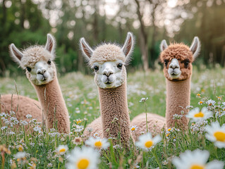 Fototapeta premium Adorable alpaca standing in a vibrant meadow filled with wildflowers, gazing into the camera with a peaceful and curious expression in a lush countryside setting