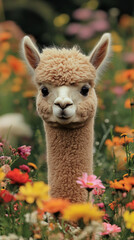Obraz premium Adorable alpaca standing in a vibrant meadow filled with wildflowers, gazing into the camera with a peaceful and curious expression in a lush countryside setting