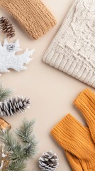 Fototapeta premium A pastel orange puffer jacket, white sweater, and stylish shoes are carefully arranged on a beige background, showcasing a chic, minimalistic lifestyle aesthetic